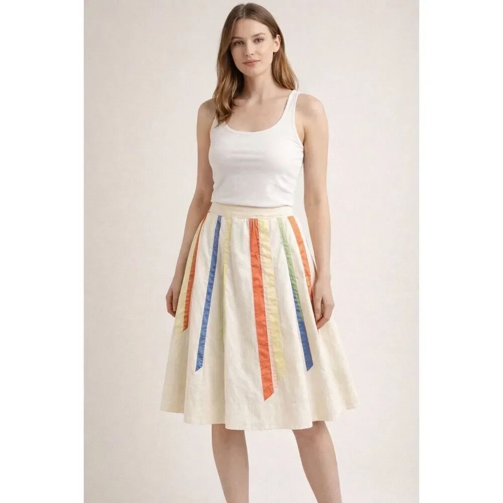 Lithe Cotton A-Line Skirt Size 4 Ivory Multicolor Ribbon Detail